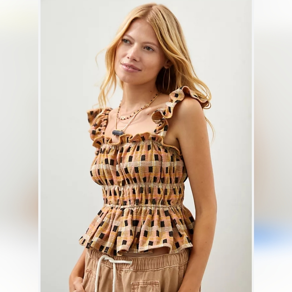 Anthropologie Eva Franco checked ruffle stop top small